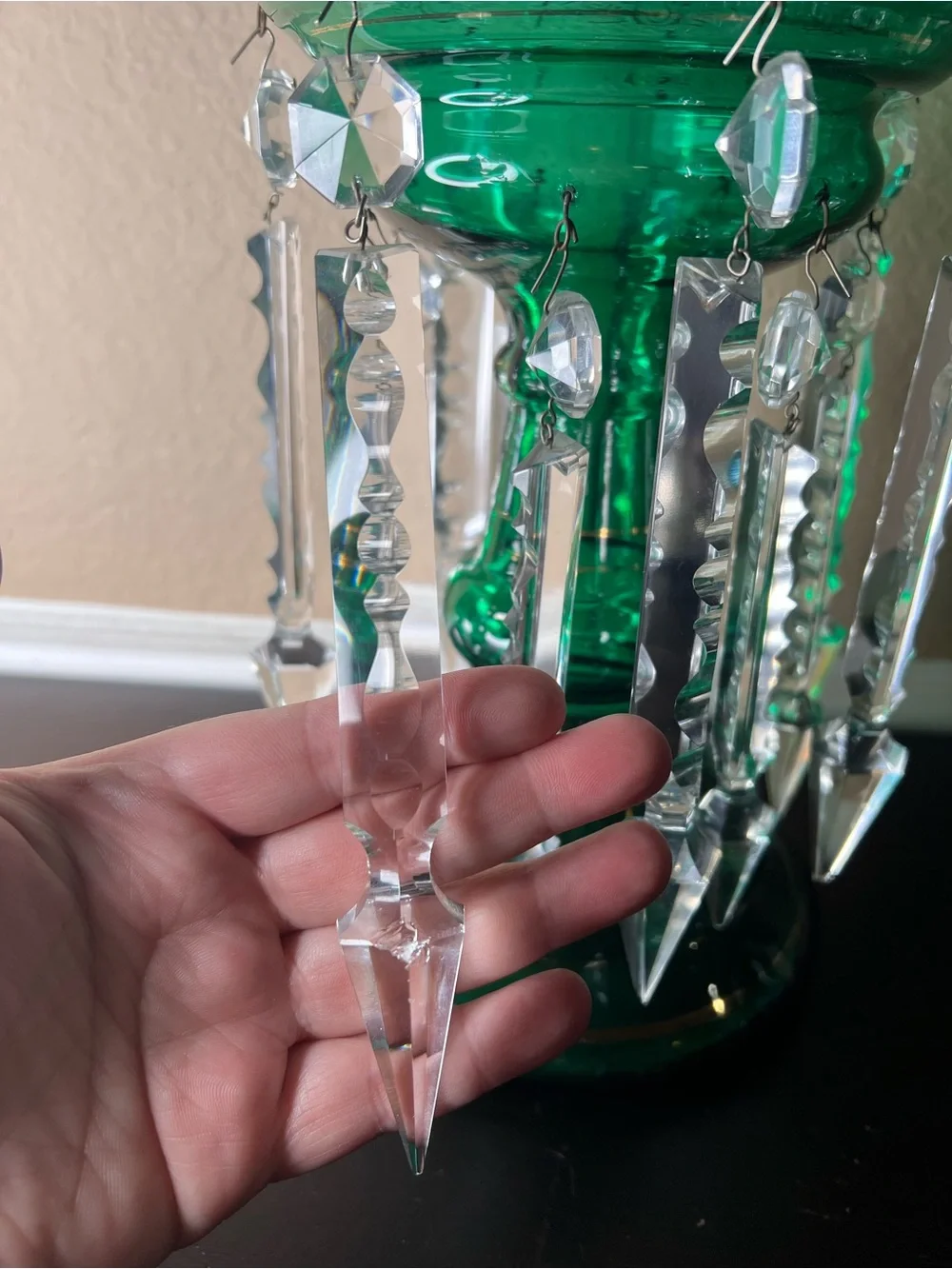 Antique Late 1800s Victorian Bohemian Glass Lustre Form, Emerald Green, Mantle